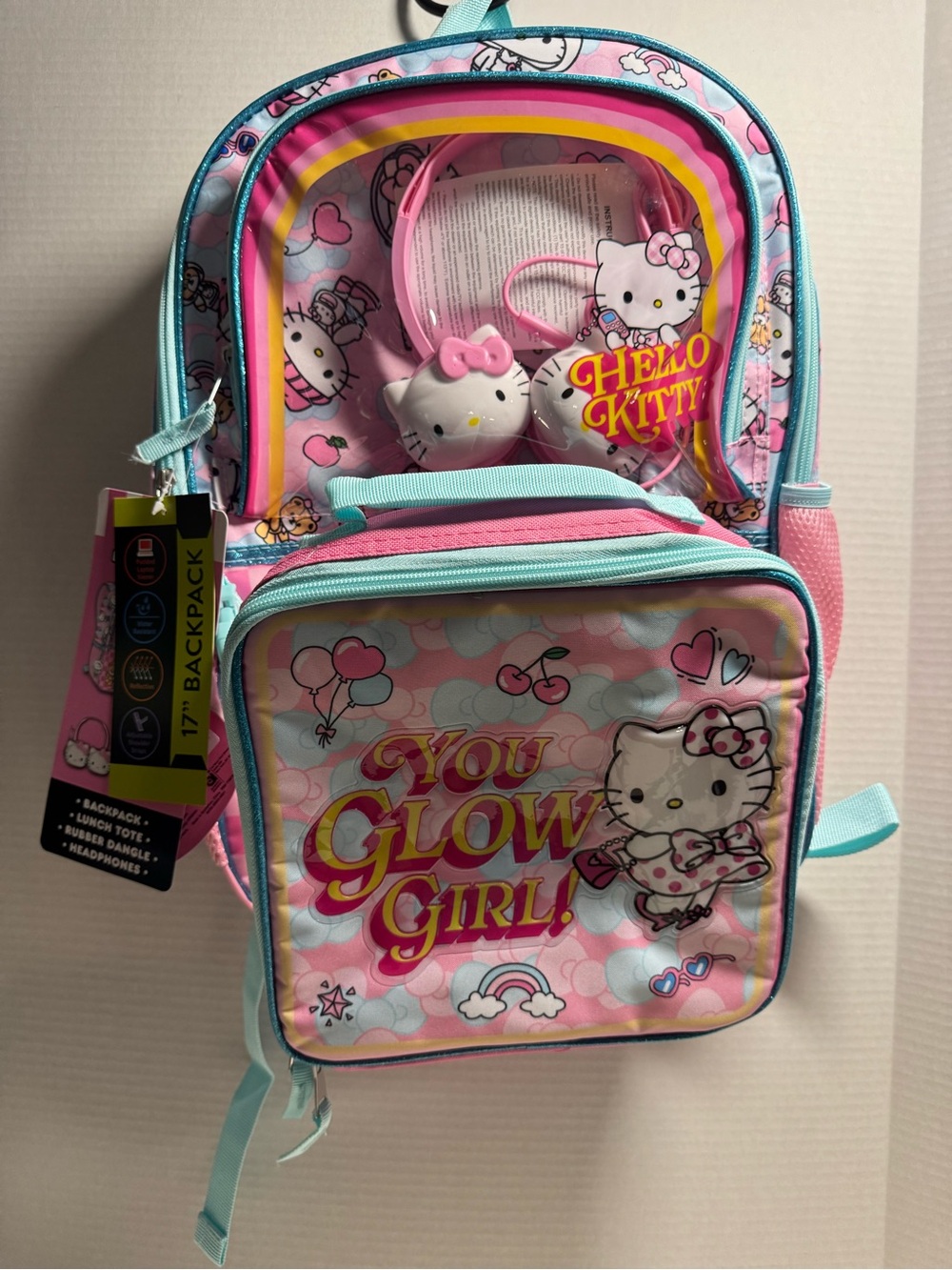 Hello Kitty Pink and Aqua Kids Backpack with Headphone Set